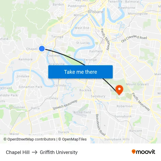 Chapel Hill to Griffith University map