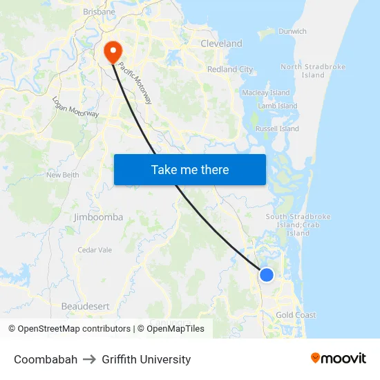 Coombabah to Griffith University map