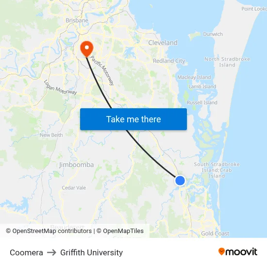 Coomera to Griffith University map