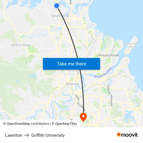 Lawnton to Griffith University map