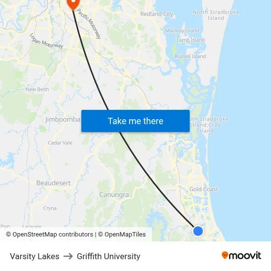 Varsity Lakes to Griffith University map