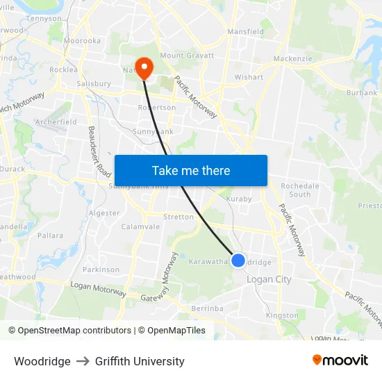 Woodridge to Griffith University map