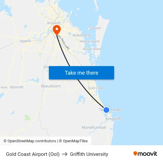 Gold Coast Airport (Ool) to Griffith University map