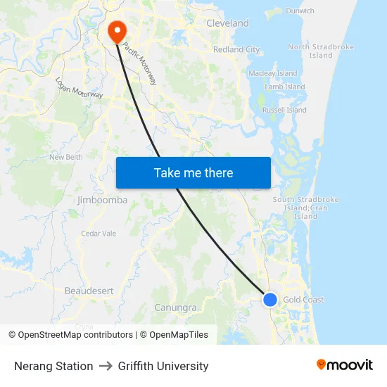 Nerang Station to Griffith University map