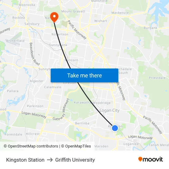Kingston Station to Griffith University map