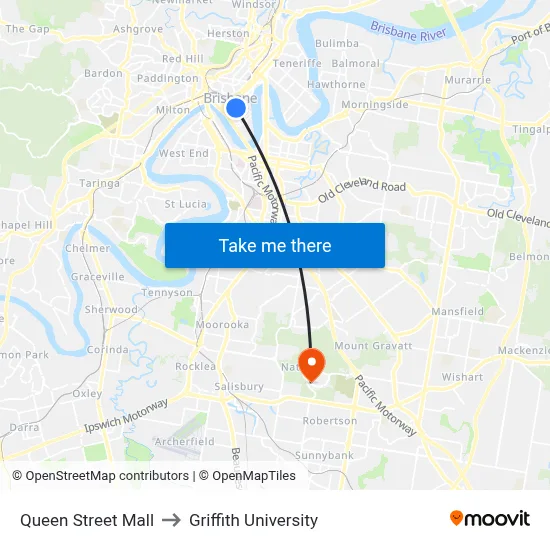 Queen Street Mall to Griffith University map