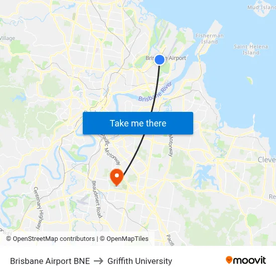 Brisbane Airport BNE to Griffith University map
