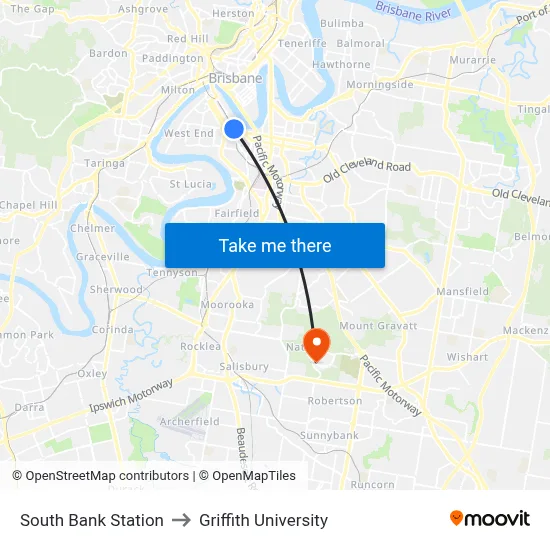 South Bank Station to Griffith University map