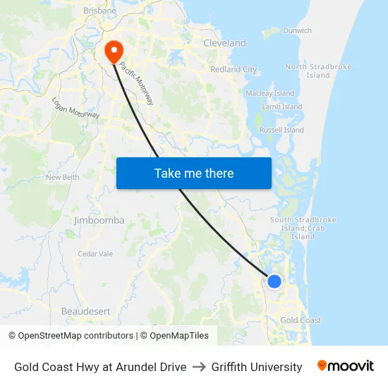 Gold Coast Hwy at Arundel Drive to Griffith University map