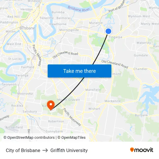City of Brisbane to Griffith University map