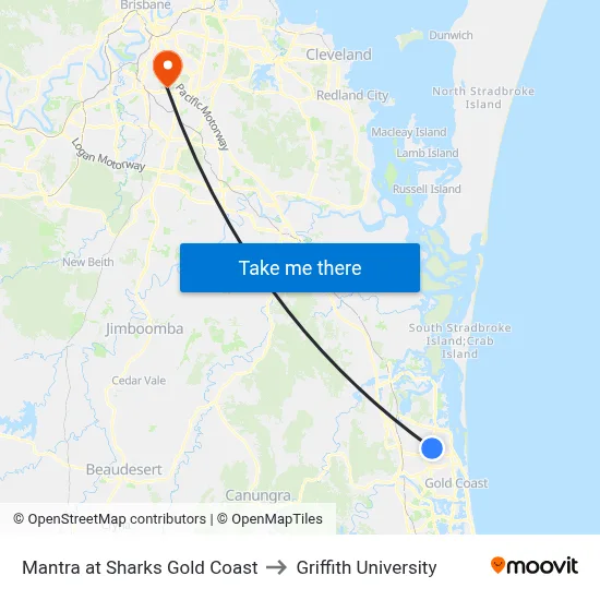 Mantra at Sharks Gold Coast to Griffith University map