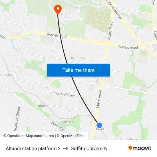 Altandi station platform 2 to Griffith University map