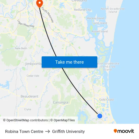 Robina Town Centre to Griffith University map