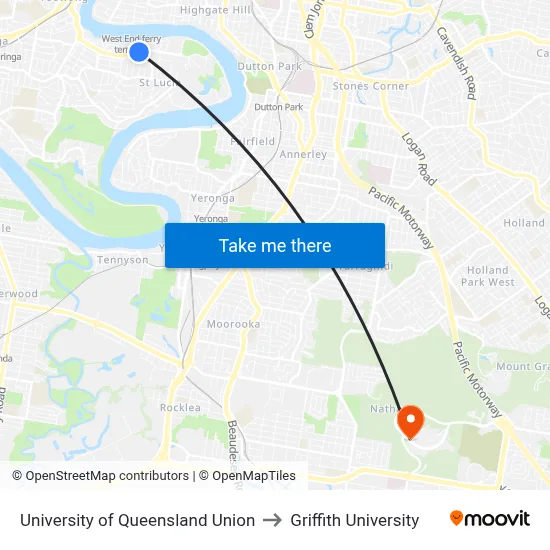 University of Queensland Union to Griffith University map