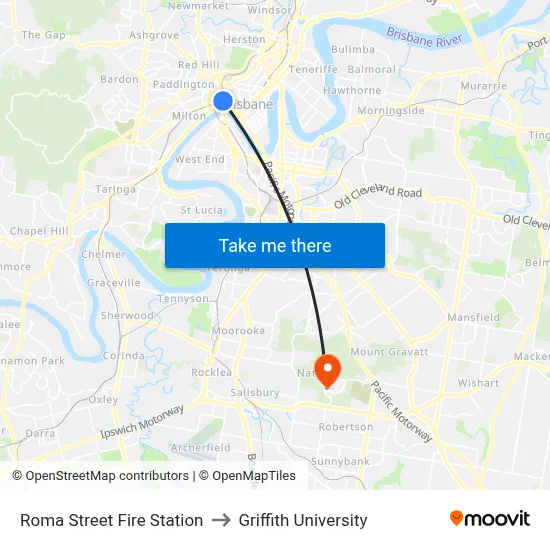 Roma Street Fire Station to Griffith University map