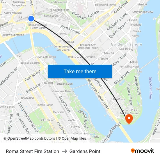Roma Street Fire Station to Gardens Point map