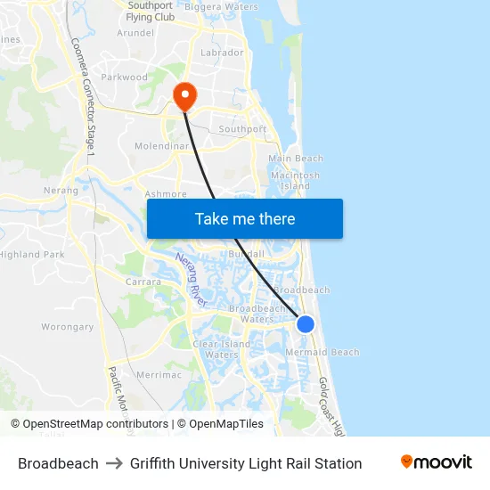 Broadbeach to Griffith University Light Rail Station map