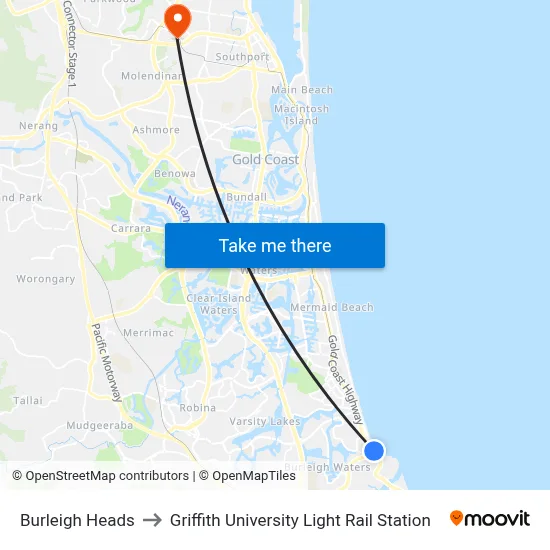Burleigh Heads to Griffith University Light Rail Station map