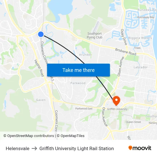Helensvale to Griffith University Light Rail Station map