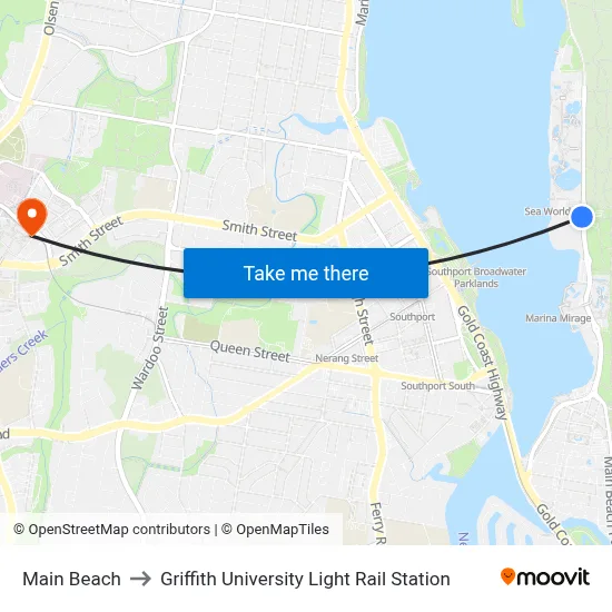 Main Beach to Griffith University Light Rail Station map