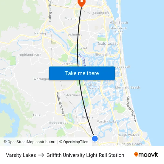 Varsity Lakes to Griffith University Light Rail Station map