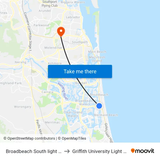 Broadbeach South light rail Station to Griffith University Light Rail Station map