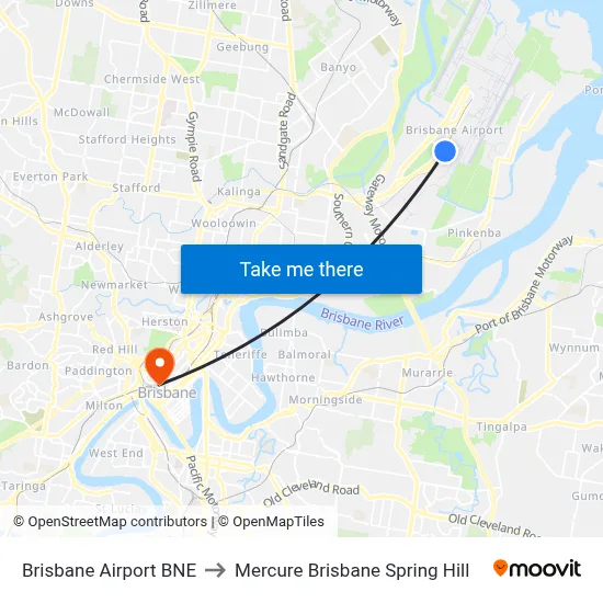 Brisbane Airport BNE to Mercure Brisbane Spring Hill map