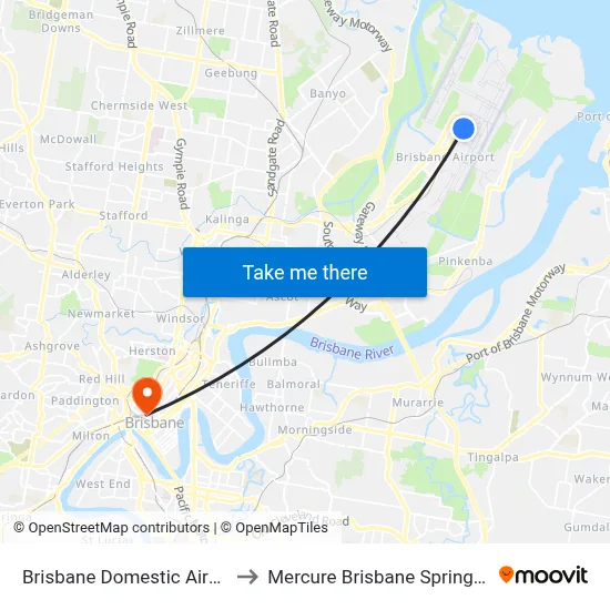 Brisbane Domestic Airport to Mercure Brisbane Spring Hill map