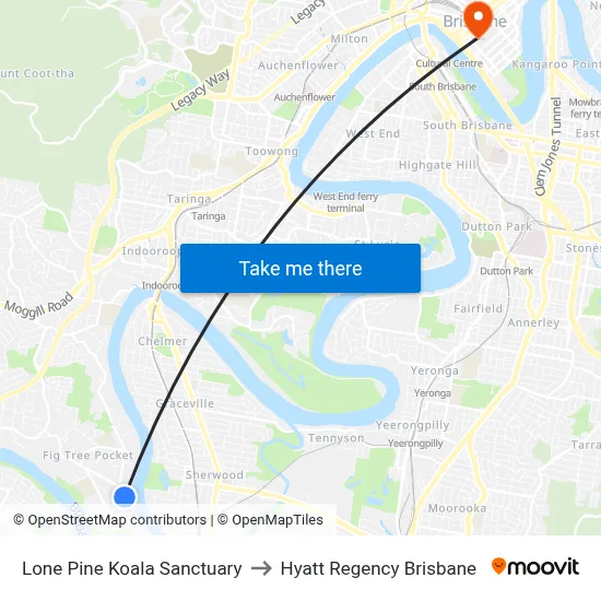 Lone Pine Koala Sanctuary to Hyatt Regency Brisbane map