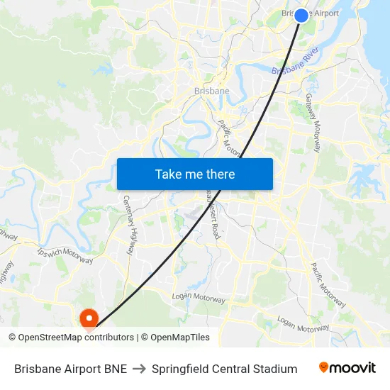 Brisbane Airport BNE to Springfield Central Stadium map