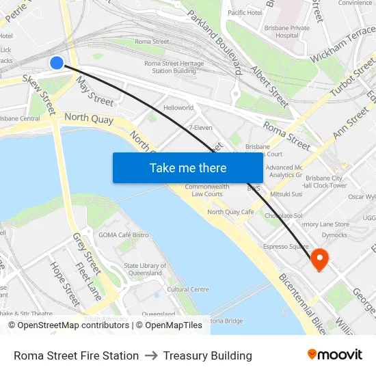 Roma Street Fire Station to Treasury Building map