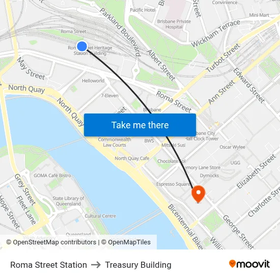 Roma Street Station to Treasury Building map