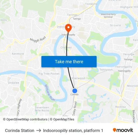 Corinda Station to Indooroopilly station, platform 1 map