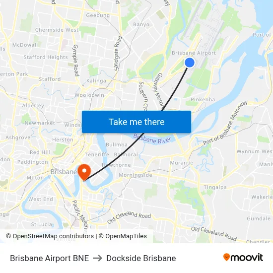 Brisbane Airport BNE to Dockside Brisbane map