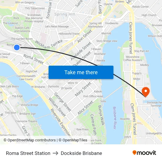 Roma Street Station to Dockside Brisbane map