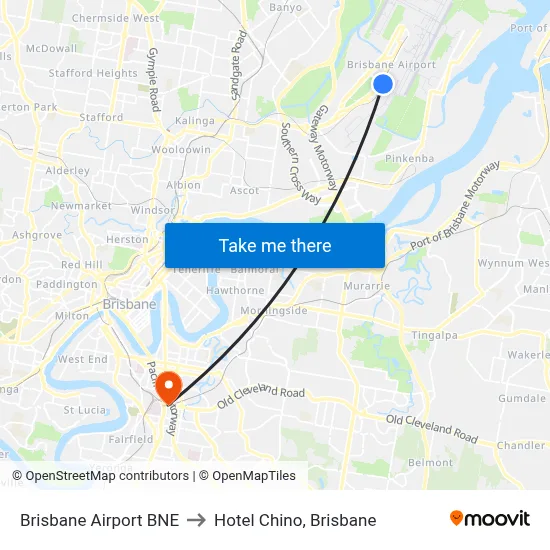 Brisbane Airport BNE to Hotel Chino, Brisbane map