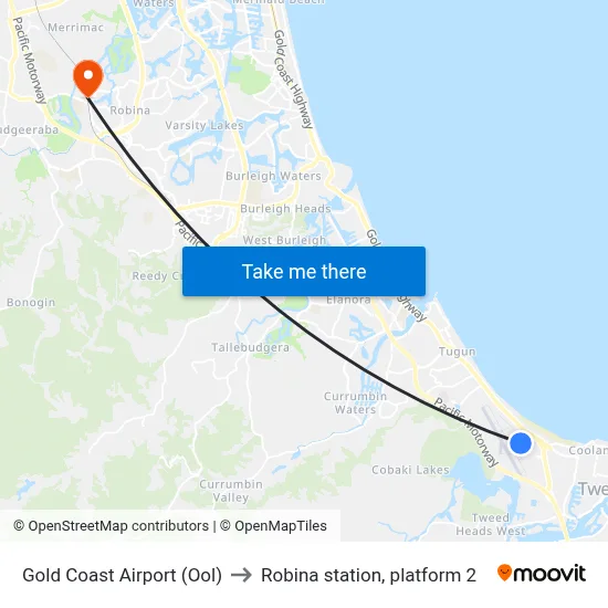 Gold Coast Airport (Ool) to Robina station, platform 2 map