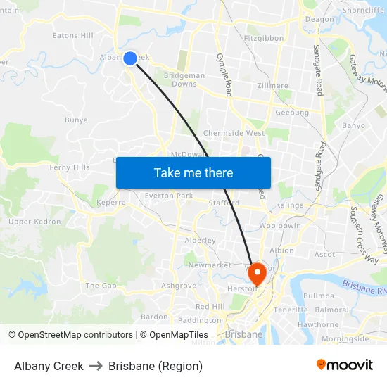 Albany Creek to Brisbane (Region) map