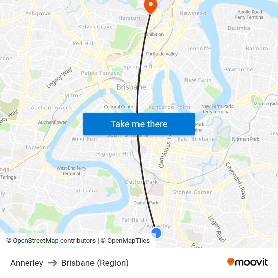 Annerley to Brisbane (Region) map