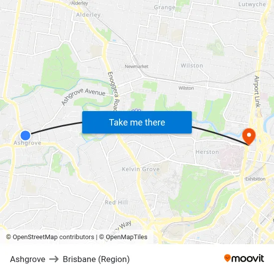 Ashgrove to Brisbane (Region) map