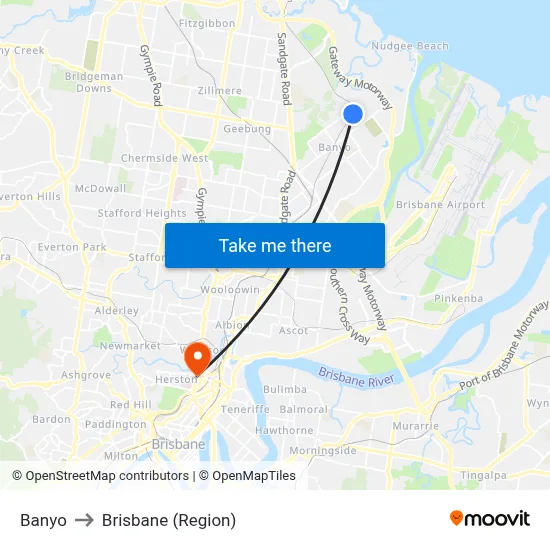 Banyo to Brisbane (Region) map