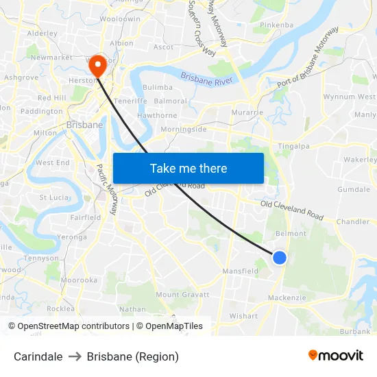 Carindale to Brisbane (Region) map