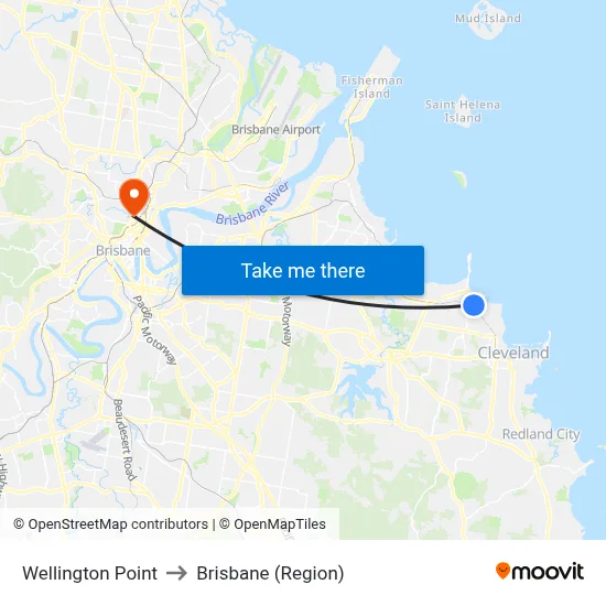 Wellington Point to Brisbane (Region) map