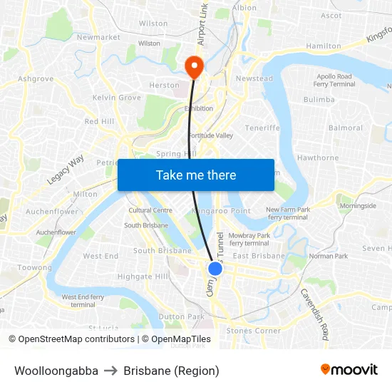 Woolloongabba to Brisbane (Region) map