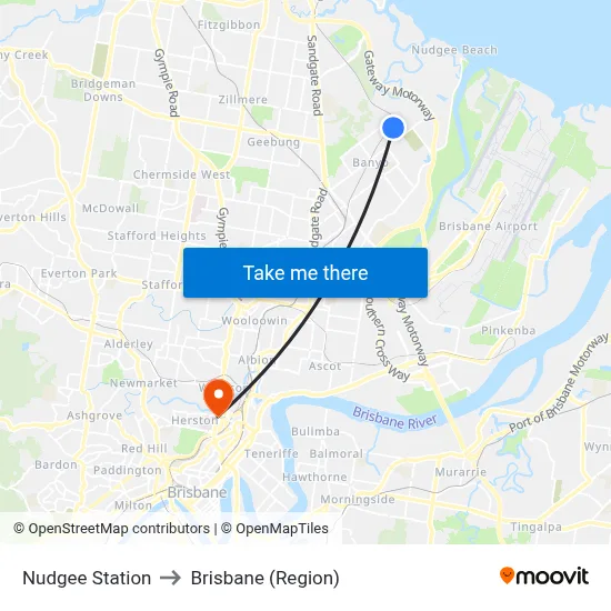 Nudgee Station to Brisbane (Region) map