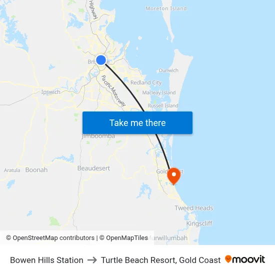 Bowen Hills Station to Turtle Beach Resort, Gold Coast map