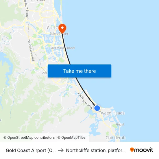 Gold Coast Airport (Ool) to Northcliffe station, platform 2 map
