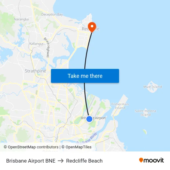 Brisbane Airport BNE to Redcliffe Beach map