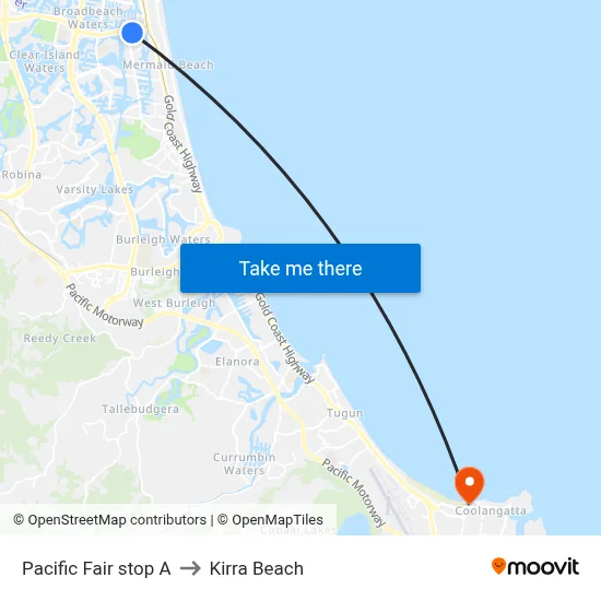 Pacific Fair stop A to Kirra Beach map
