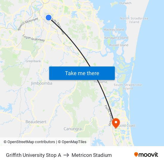 Griffith University Stop A to Metricon Stadium map